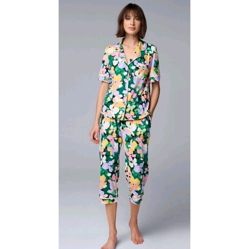 Simply Vera Wang Pajama Capri Set Short Sleeve Floral Size Large Lounge Wear